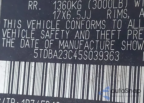 2005 Toyota Sienna Le из США, поврежденный, VIN 5TDBA23C45S039363